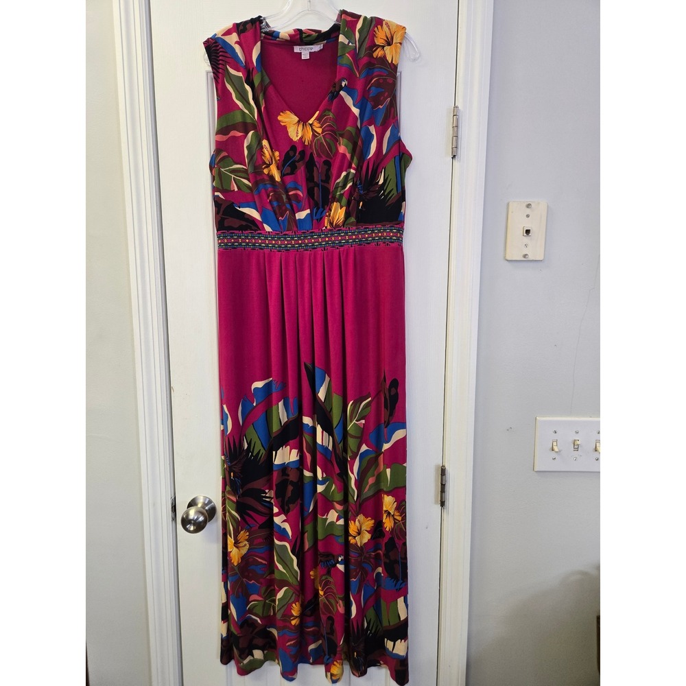 Chicos Pink Tropical Rainforest Maxi Dress Sleeveless V-Neck Empire Waist 1 M